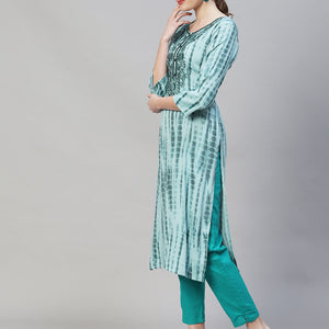 Tie-Dye Printed & Floral Embroidered Straight Fit Kurta - Light Sea Green