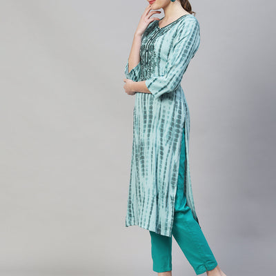 Tie-Dye Printed & Floral Embroidered Straight Fit Kurta - Light Sea Green