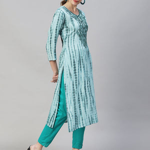 Tie-Dye Printed & Floral Embroidered Straight Fit Kurta - Light Sea Green