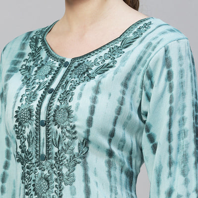 Tie-Dye Printed & Floral Embroidered Straight Fit Kurta - Light Sea Green