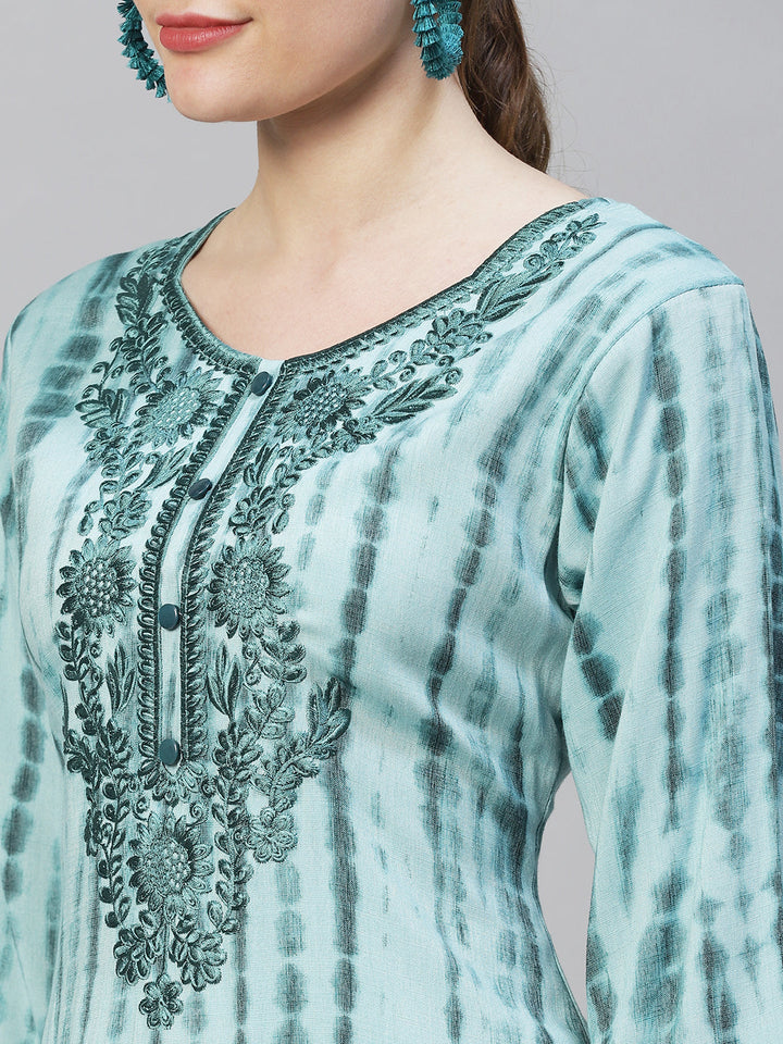 Tie-Dye Printed & Floral Embroidered Straight Fit Kurta - Light Sea Green