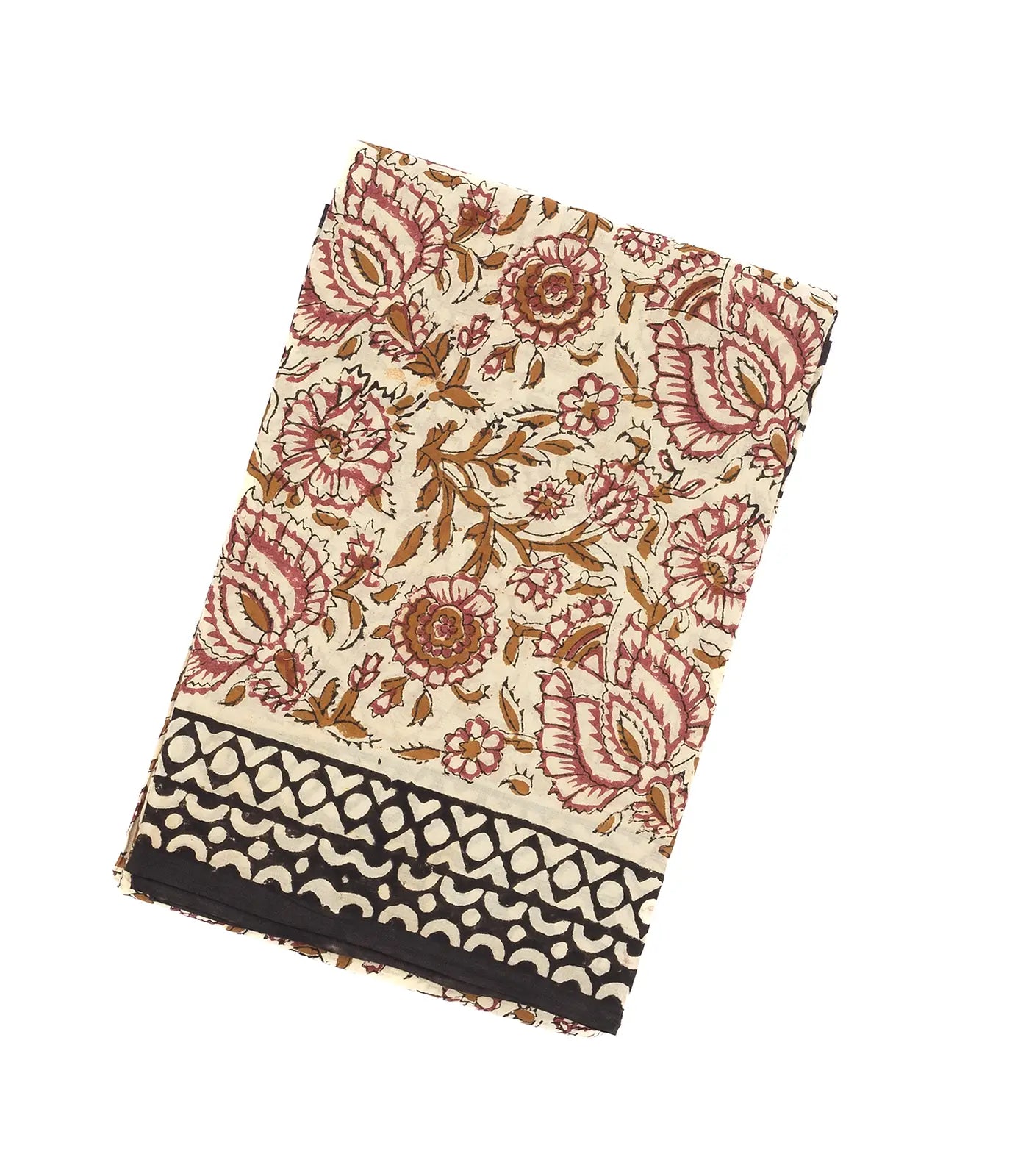Beige Jaipur Cotton Saree Printed With Pink Floral Motifs