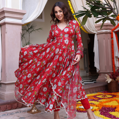 Red Dahlia Dreamscape Printed Chinon Suit Set