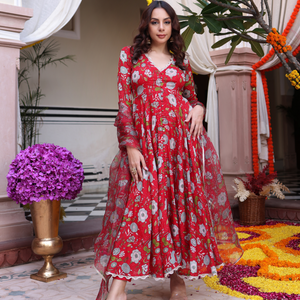 Red Dahlia Dreamscape Printed Chinon Suit Set