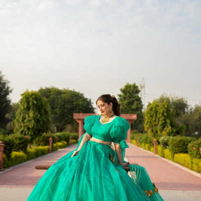 SHALE GREEN ORGANZA LEHENGA