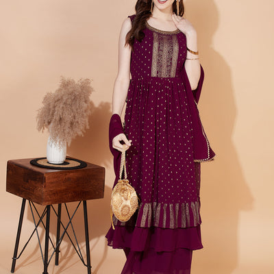 Ethnic Printed & Hand Embroidered Kurta with Palazzo & Dupatta - Wine