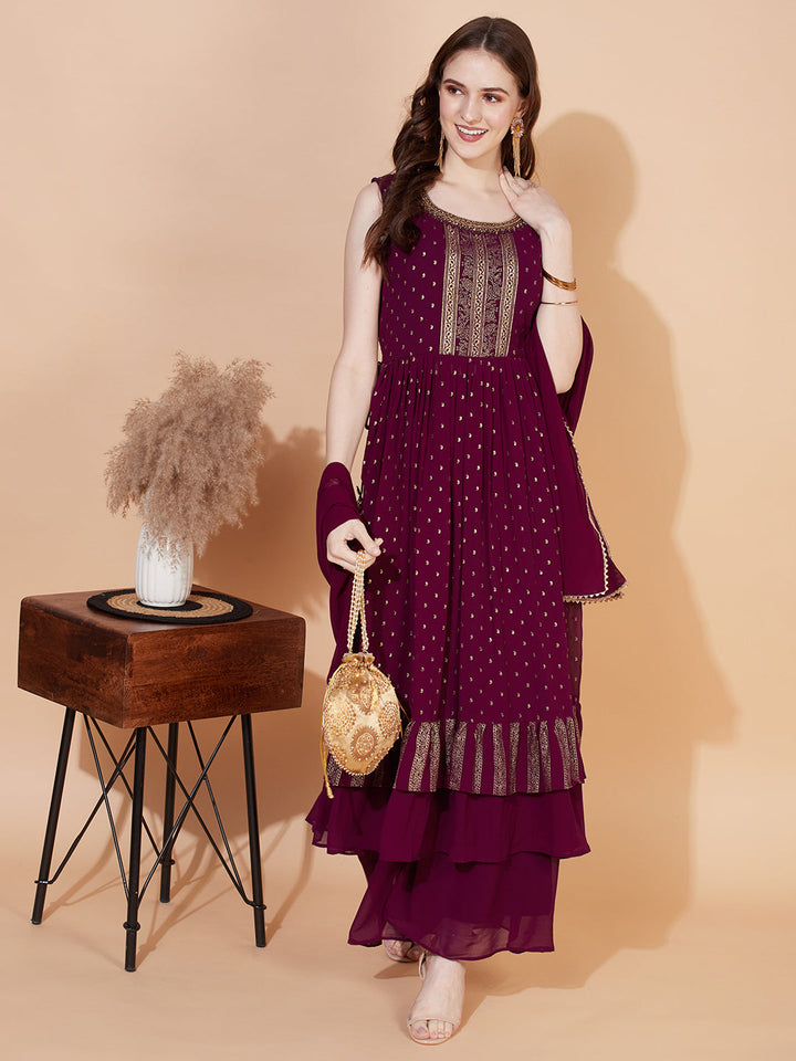 Ethnic Printed & Hand Embroidered Kurta with Palazzo & Dupatta - Wine