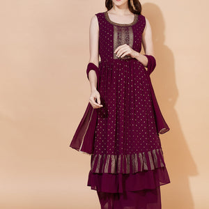 Ethnic Printed & Hand Embroidered Kurta with Palazzo & Dupatta - Wine
