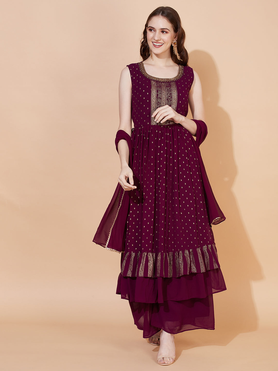 Ethnic Printed & Hand Embroidered Kurta with Palazzo & Dupatta - Wine