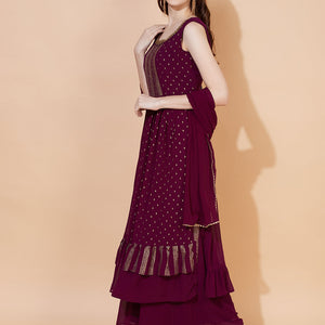 Ethnic Printed & Hand Embroidered Kurta with Palazzo & Dupatta - Wine