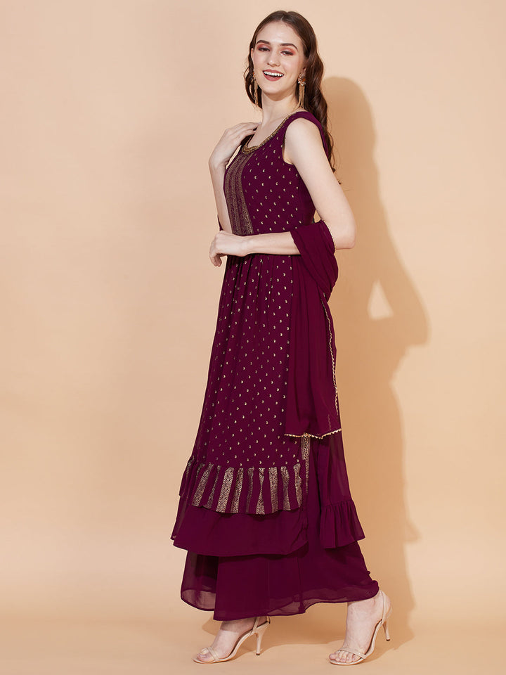 Ethnic Printed & Hand Embroidered Kurta with Palazzo & Dupatta - Wine