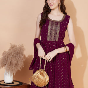 Ethnic Printed & Hand Embroidered Kurta with Palazzo & Dupatta - Wine