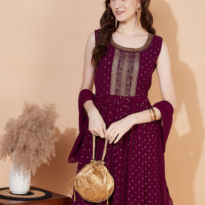Ethnic Printed & Hand Embroidered Kurta with Palazzo & Dupatta - Wine