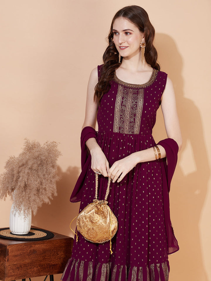 Ethnic Printed & Hand Embroidered Kurta with Palazzo & Dupatta - Wine