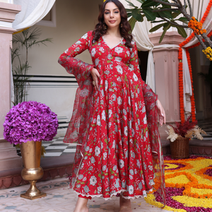 Red Dahlia Dreamscape Printed Chinon Suit Set