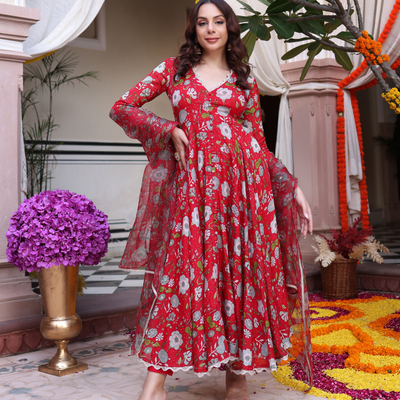 Red Dahlia Dreamscape Printed Chinon Suit Set