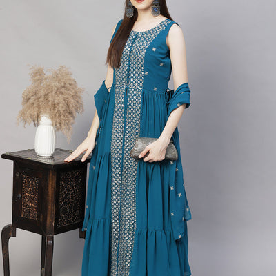 Ethnic Embroidered Flared Kurta with Palazzo & Dupatta - Teal Blue