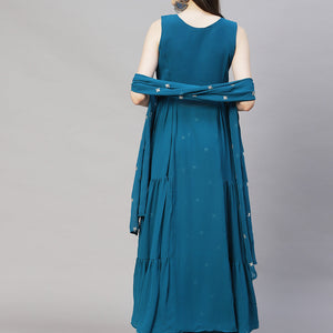 Ethnic Embroidered Flared Kurta with Palazzo & Dupatta - Teal Blue