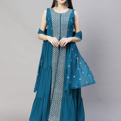 Ethnic Embroidered Flared Kurta with Palazzo & Dupatta - Teal Blue