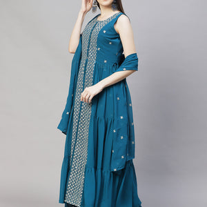 Ethnic Embroidered Flared Kurta with Palazzo & Dupatta - Teal Blue