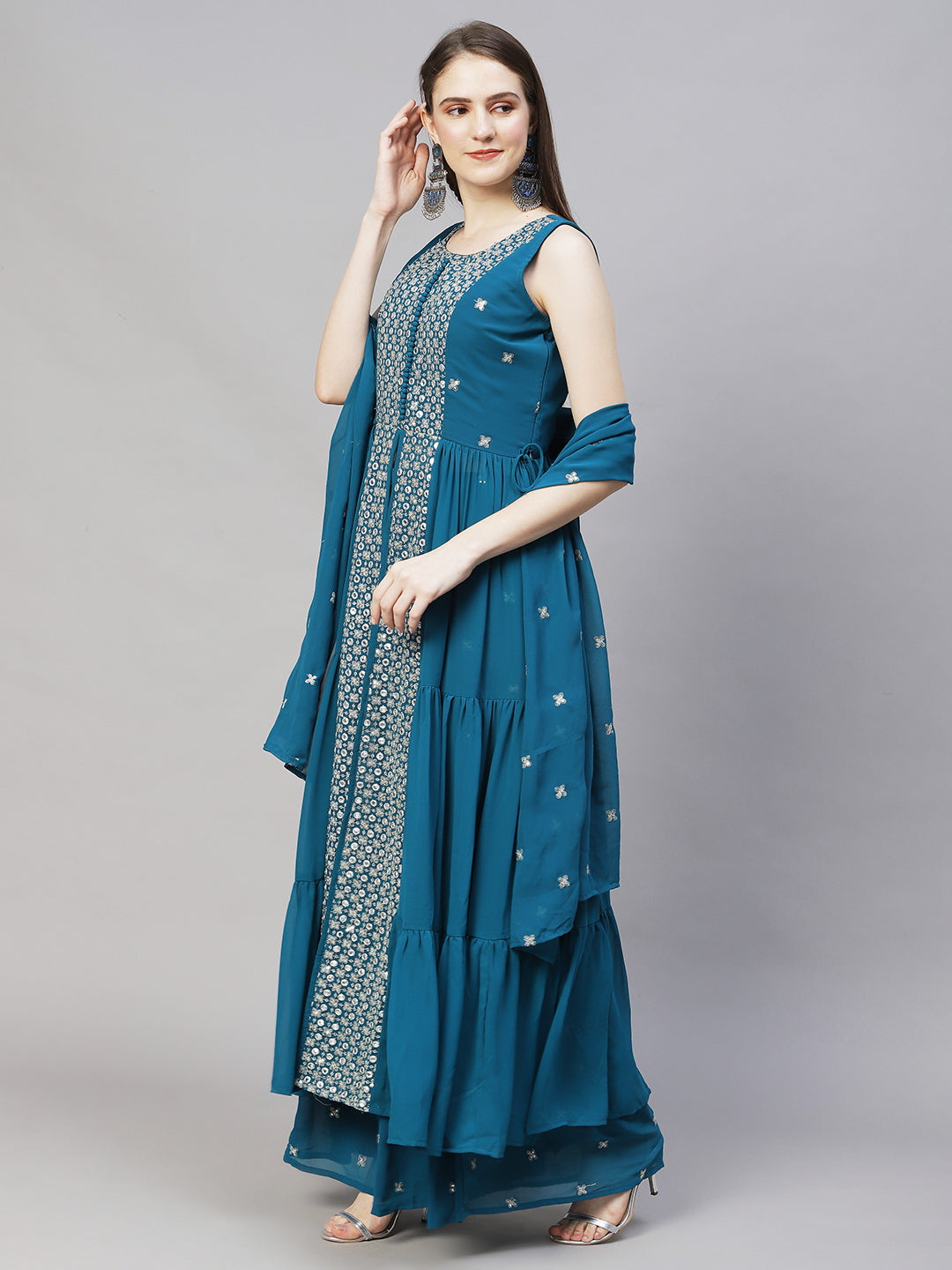 Ethnic Embroidered Flared Kurta with Palazzo & Dupatta - Teal Blue