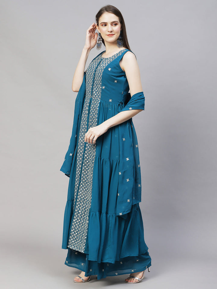 Ethnic Embroidered Flared Kurta with Palazzo & Dupatta - Teal Blue