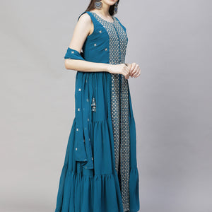 Ethnic Embroidered Flared Kurta with Palazzo & Dupatta - Teal Blue