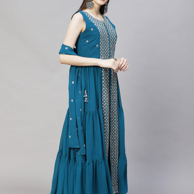 Ethnic Embroidered Flared Kurta with Palazzo & Dupatta - Teal Blue