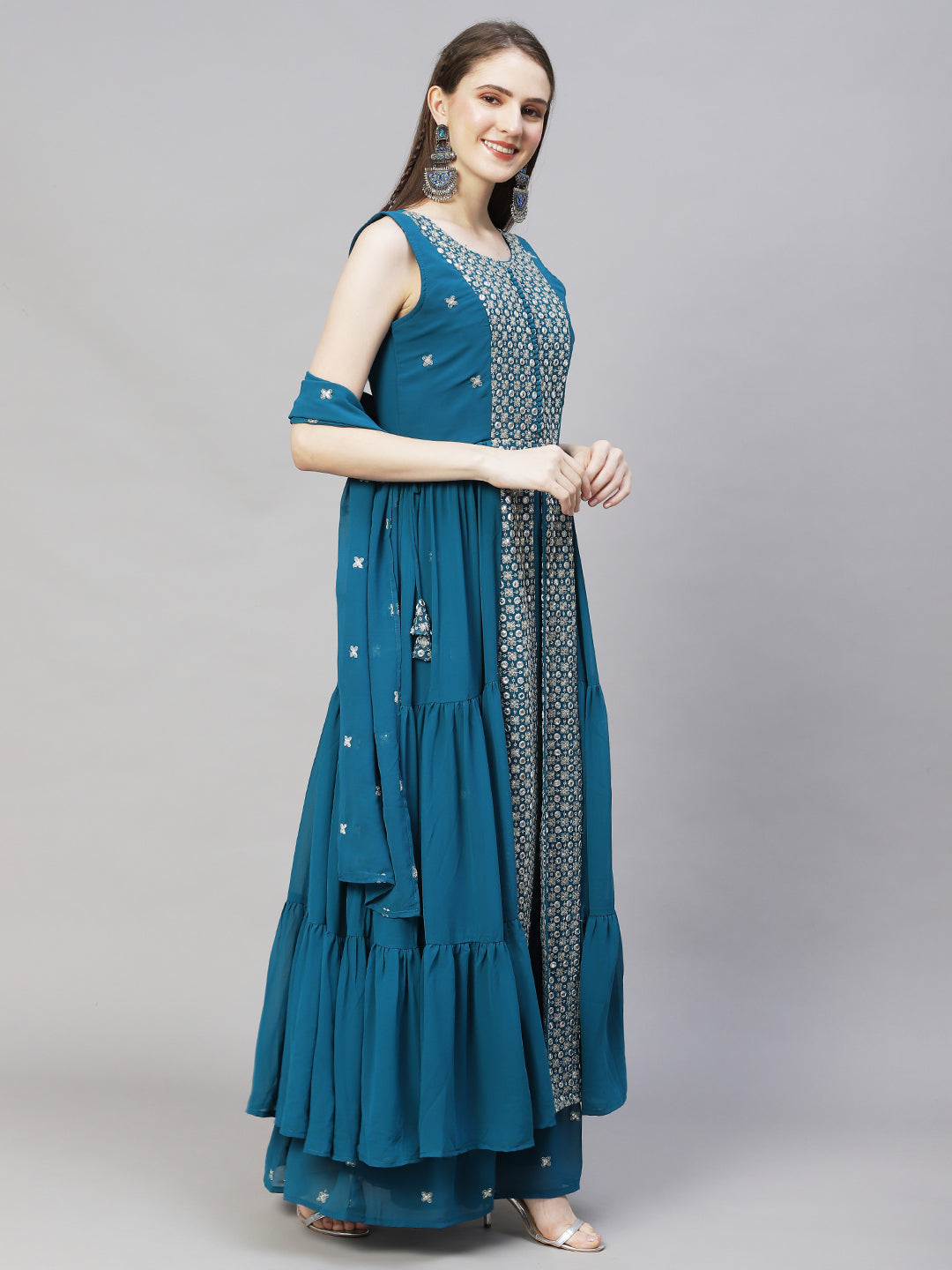 Ethnic Embroidered Flared Kurta with Palazzo & Dupatta - Teal Blue