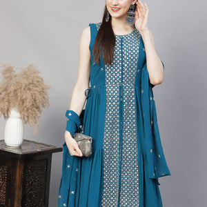 Ethnic Embroidered Flared Kurta with Palazzo & Dupatta - Teal Blue