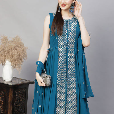 Ethnic Embroidered Flared Kurta with Palazzo & Dupatta - Teal Blue