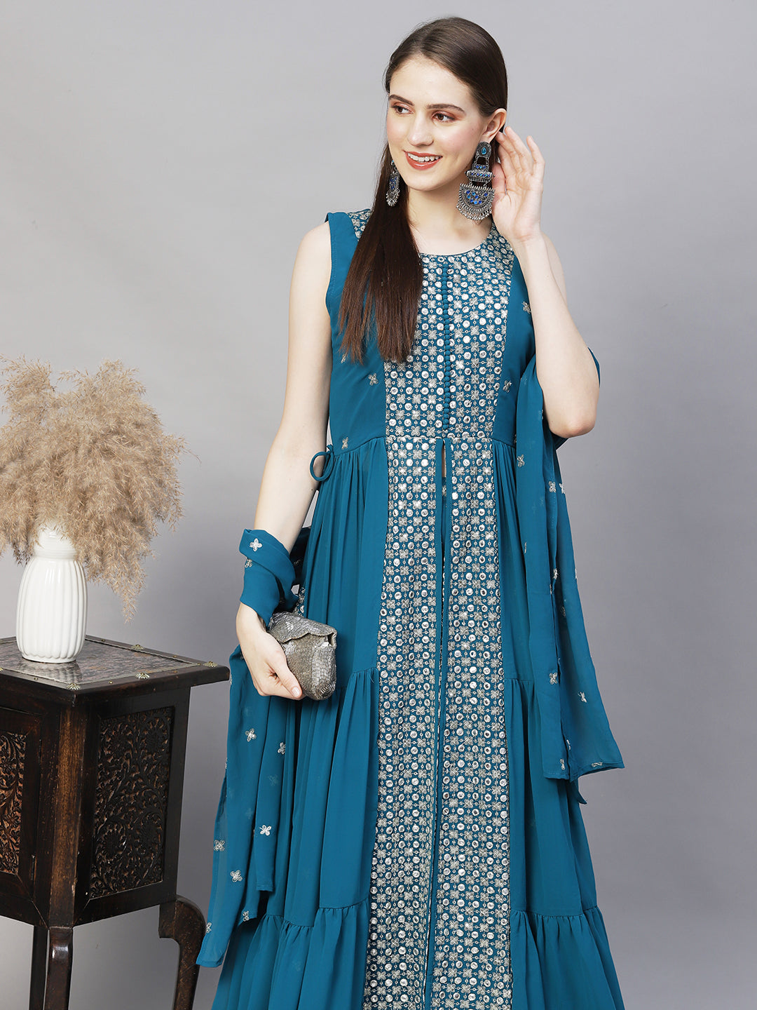 Ethnic Embroidered Flared Kurta with Palazzo & Dupatta - Teal Blue