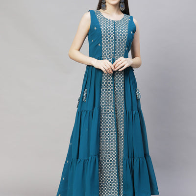 Ethnic Embroidered Flared Kurta with Palazzo & Dupatta - Teal Blue