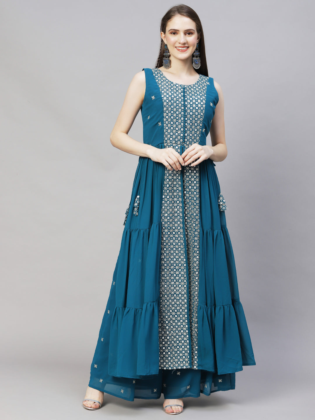 Ethnic Embroidered Flared Kurta with Palazzo & Dupatta - Teal Blue