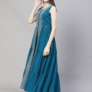 Ethnic Embroidered Flared Kurta with Palazzo & Dupatta - Teal Blue
