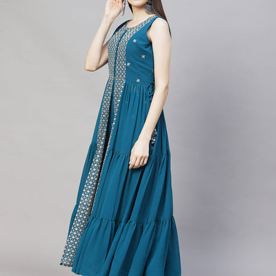 Ethnic Embroidered Flared Kurta with Palazzo & Dupatta - Teal Blue