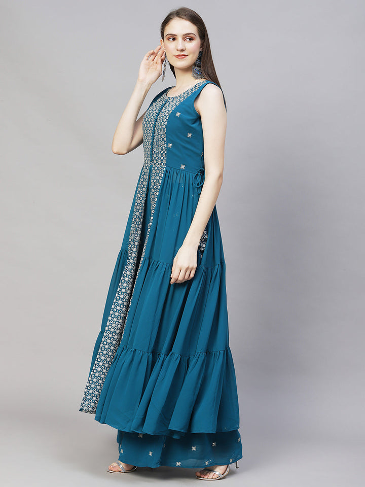 Ethnic Embroidered Flared Kurta with Palazzo & Dupatta - Teal Blue