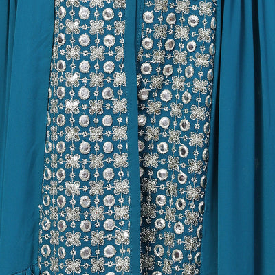 Ethnic Embroidered Flared Kurta with Palazzo & Dupatta - Teal Blue