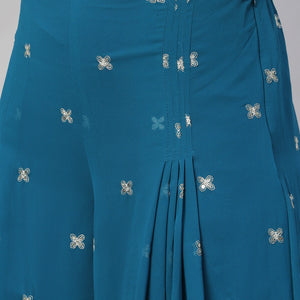 Ethnic Embroidered Flared Kurta with Palazzo & Dupatta - Teal Blue