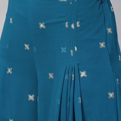 Ethnic Embroidered Flared Kurta with Palazzo & Dupatta - Teal Blue
