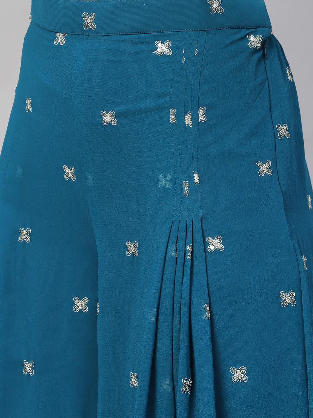 Ethnic Embroidered Flared Kurta with Palazzo & Dupatta - Teal Blue