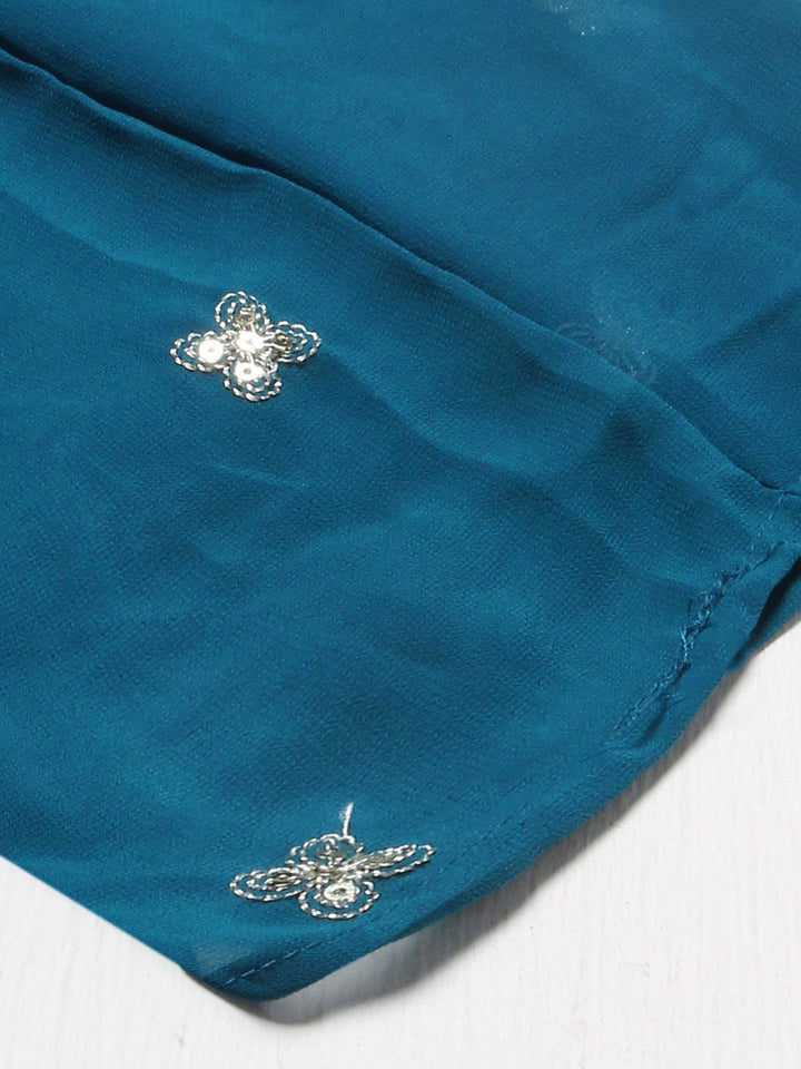 Ethnic Embroidered Flared Kurta with Palazzo & Dupatta - Teal Blue