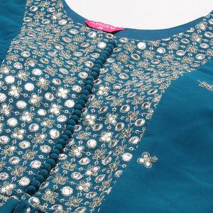 Ethnic Embroidered Flared Kurta with Palazzo & Dupatta - Teal Blue