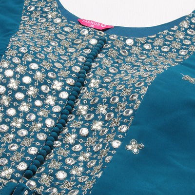 Ethnic Embroidered Flared Kurta with Palazzo & Dupatta - Teal Blue