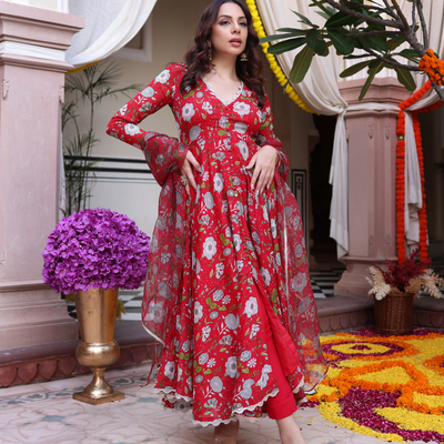 Red Dahlia Dreamscape Printed Chinon Suit Set
