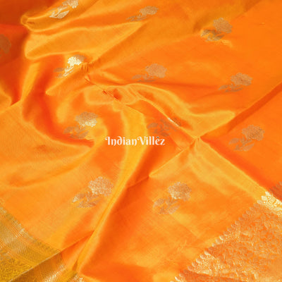 Orange Flower Motif Designer Pure Banarasi Katan Silk Saree