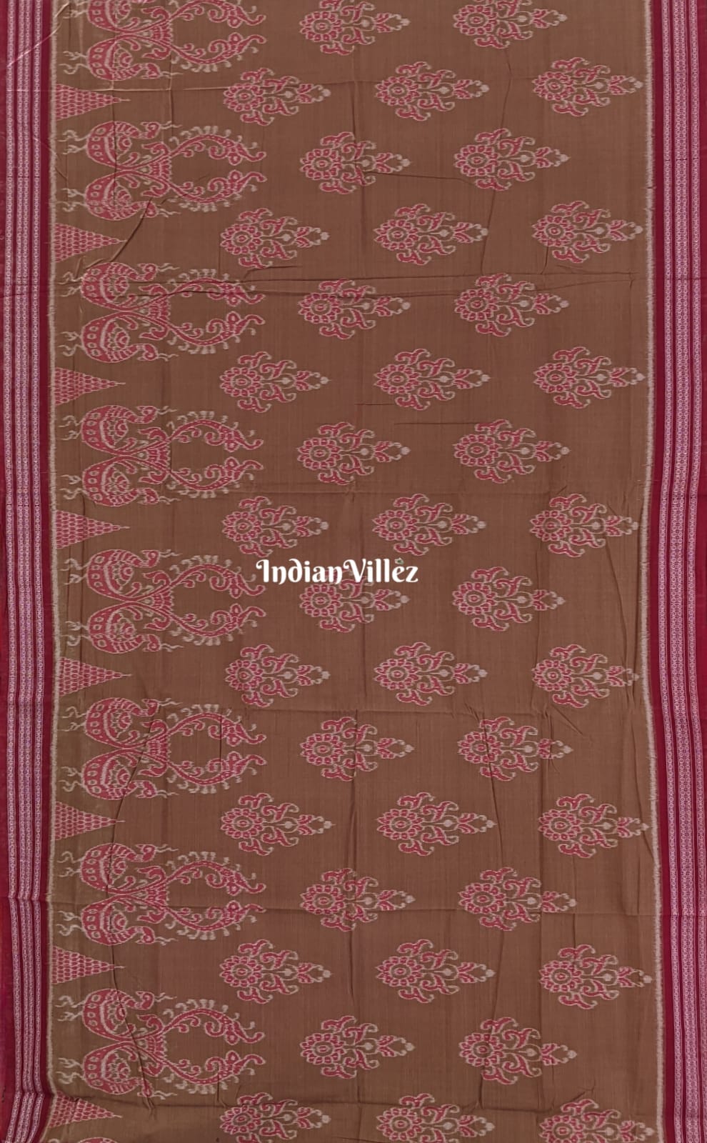 Bronze Peacock & Flower Motif Sambalpuri Cotton Saree