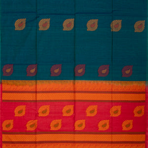 Teal Handloom Kora Silk Cotton Saree With Buttas & Hot Pink Pallu
