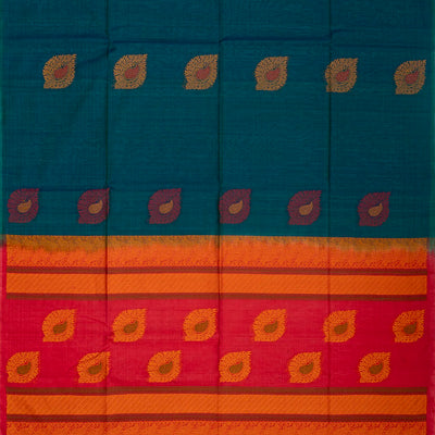 Teal Handloom Kora Silk Cotton Saree With Buttas & Hot Pink Pallu