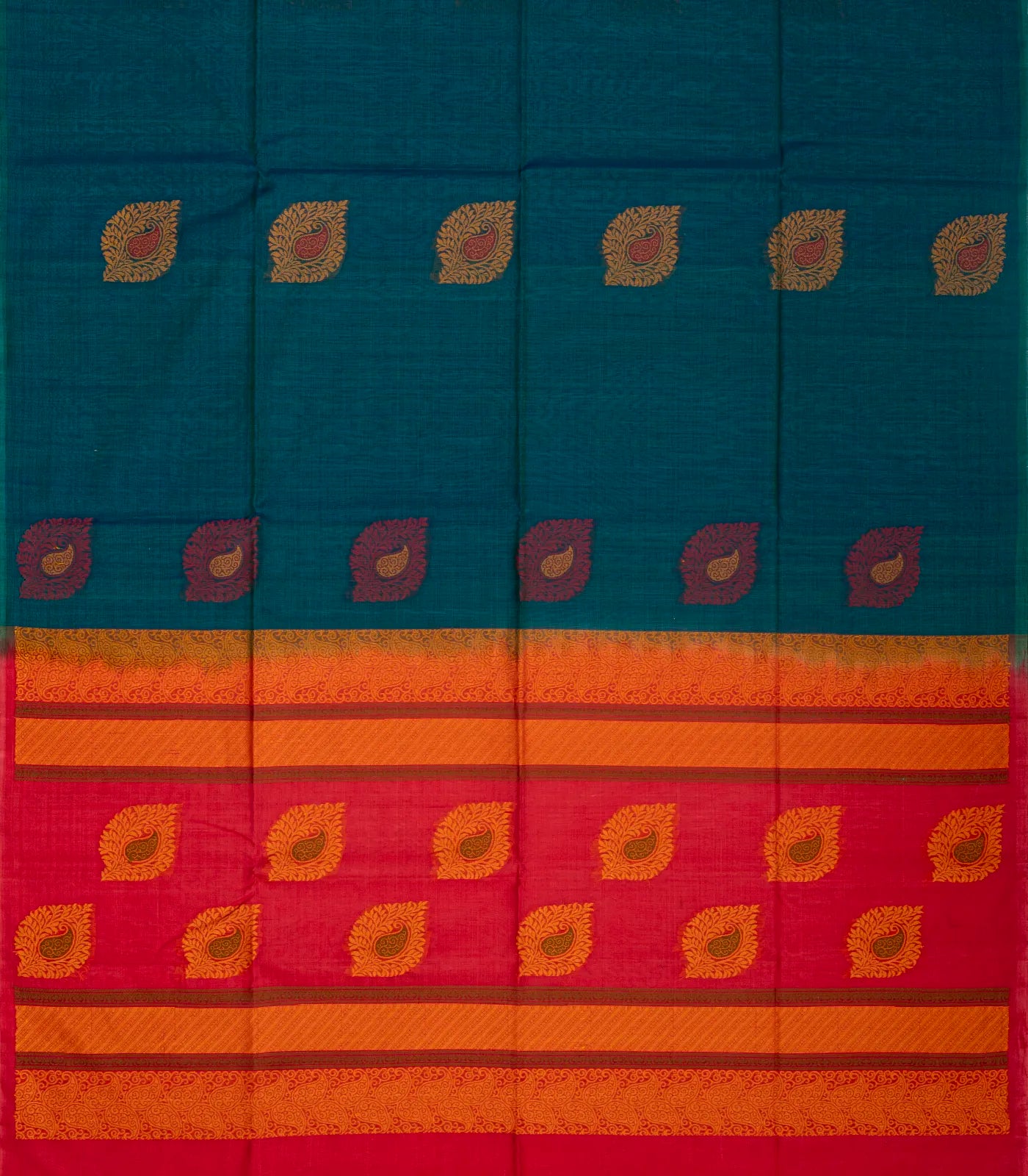 Teal Handloom Kora Silk Cotton Saree With Buttas & Hot Pink Pallu